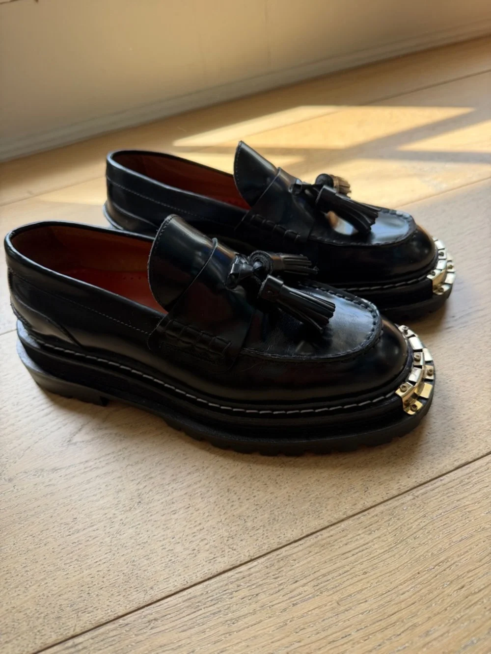 Sandro Black Leather Tassel Loafers with Gold Toe Hardware - Picture 5 of 6